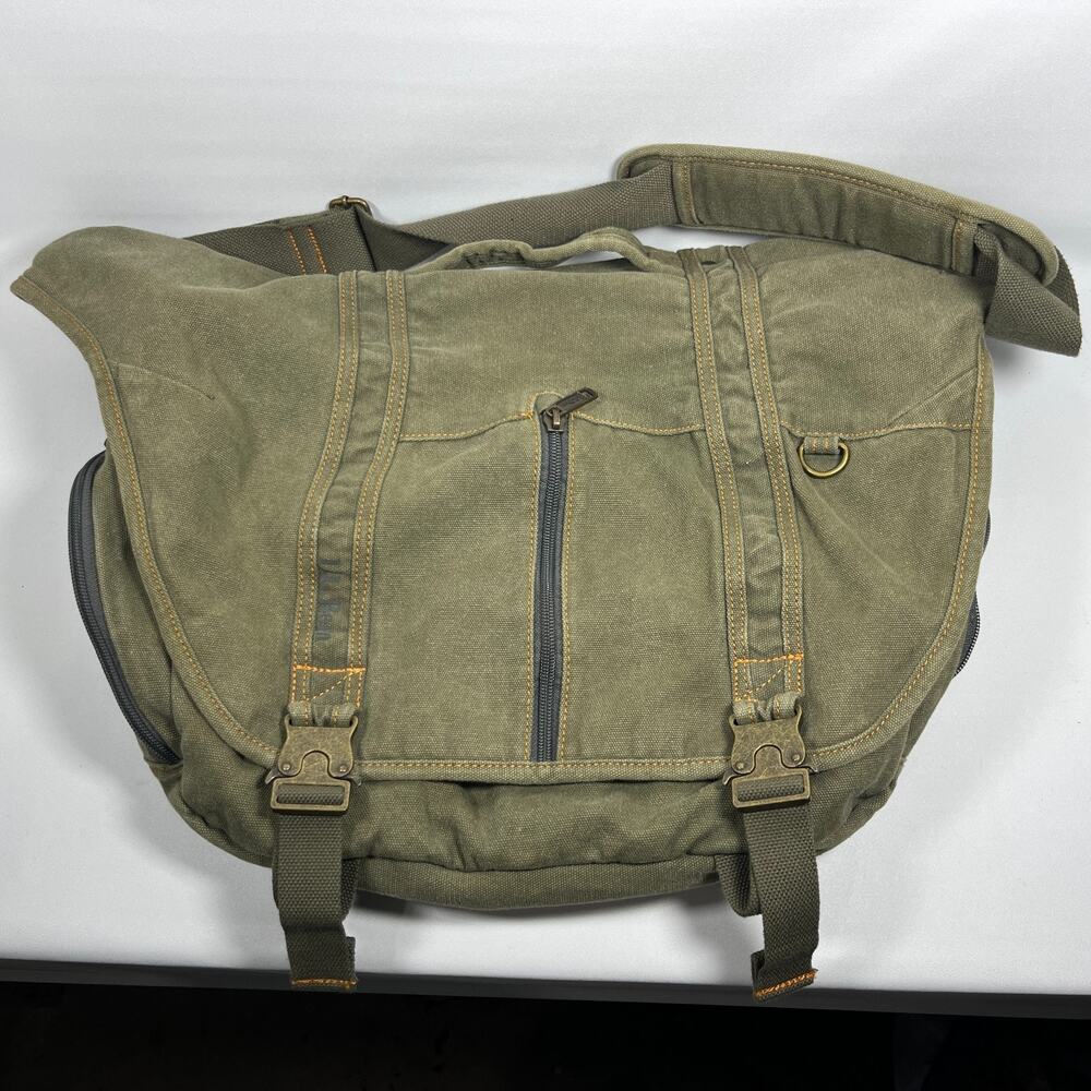 LL BEAN Bag Messenger Laptop Crossbody Paperboy Style Canvas Cotton Green VTG - Picture 2 of 16